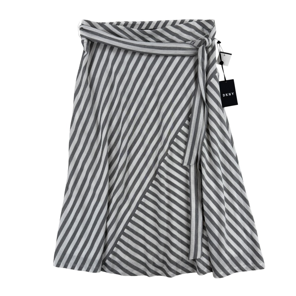 DKNY Skirt Womens M Gray White Stripe Wrap Midi Knit Asymmetric Tie Waist NWT